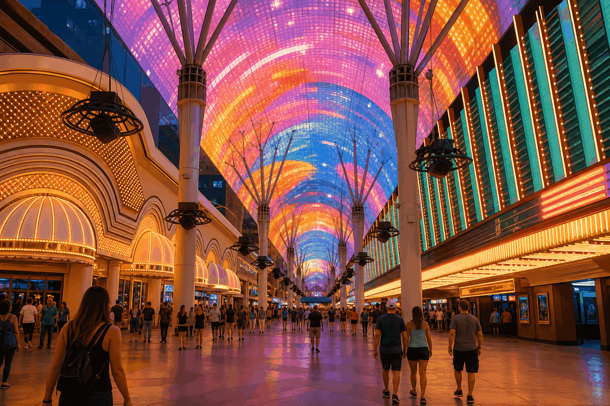 Scenic view of the Fremont Street Experience and Downtown Las Vegas featured in the Day 2 solo travel itinerary