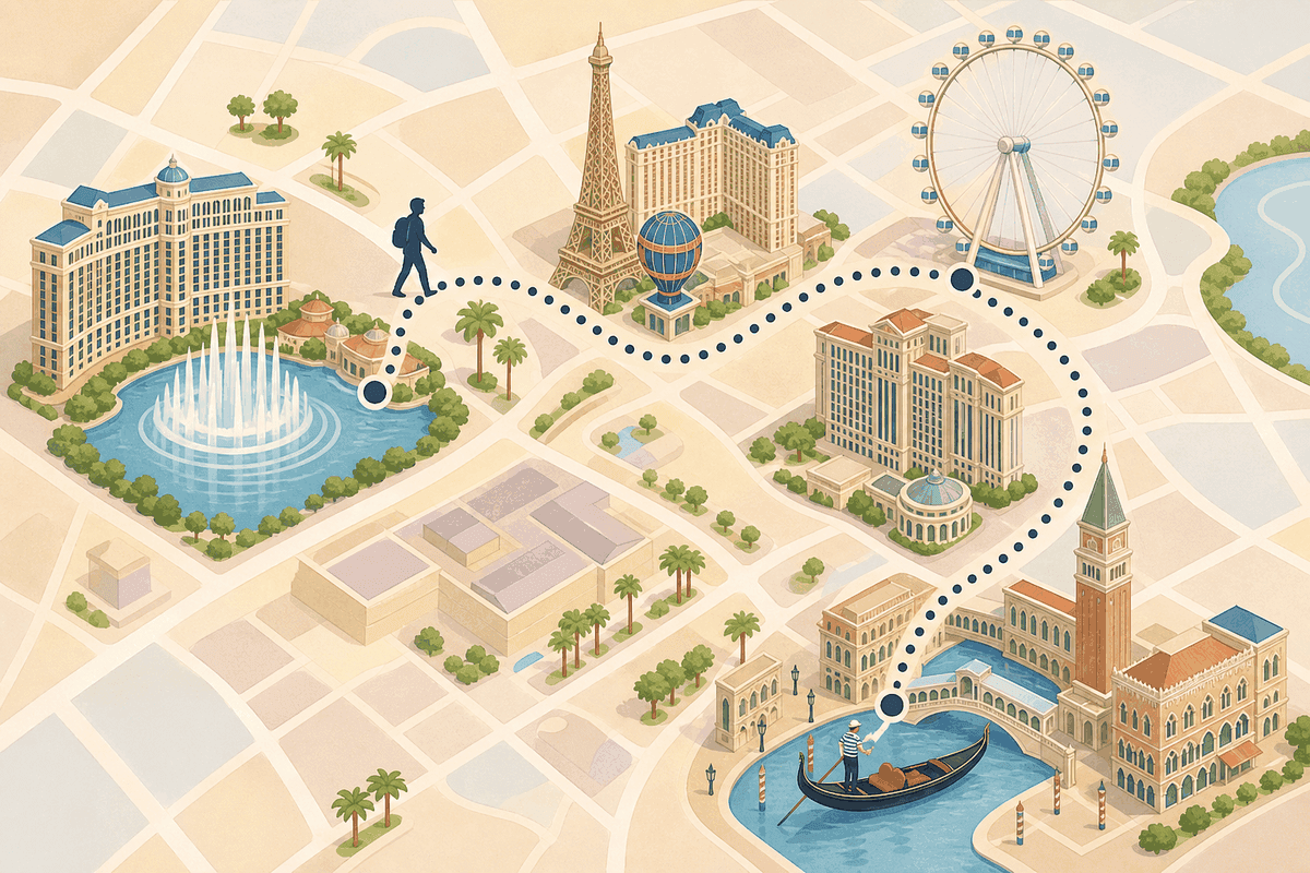Map of solo travel route along the Las Vegas Strip from the Bellagio to the Venetian
