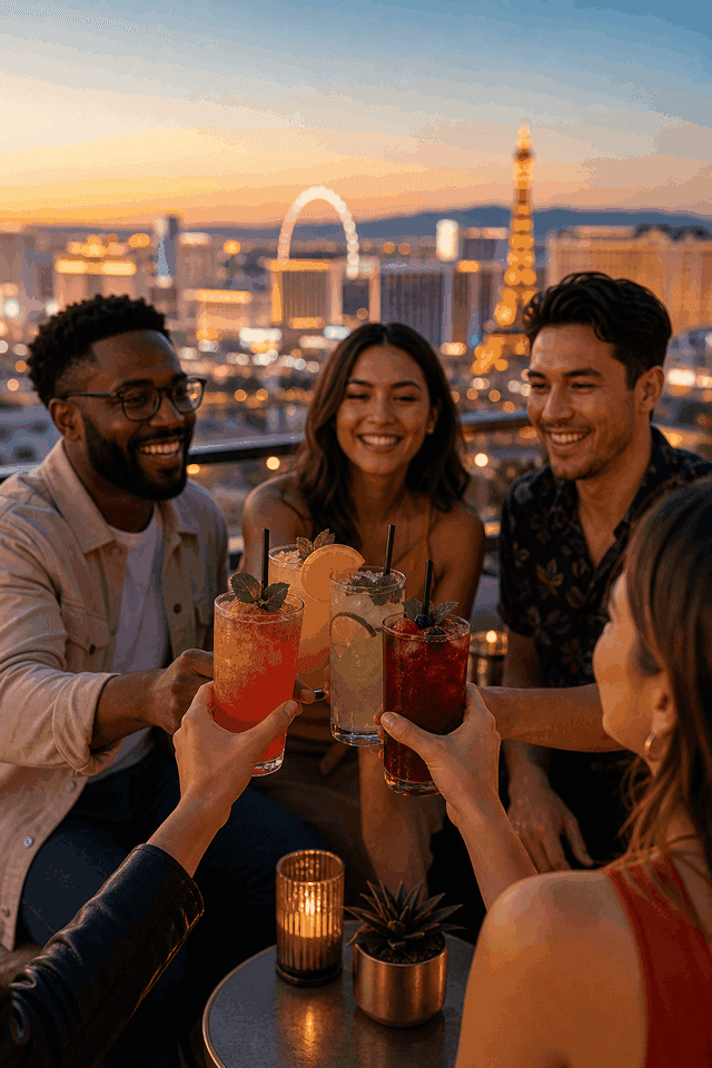 Group enjoying mocktails and drinks at a Las Vegas rooftop bar