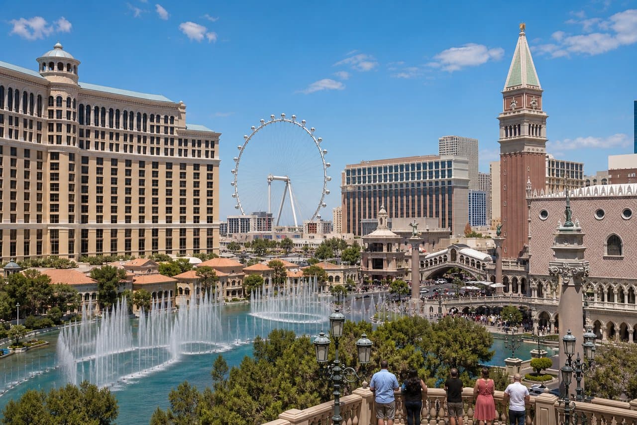 Route map of Las Vegas Strip attractions for group travelers, including the Bellagio fountains, the High Roller, and the Venetian.
