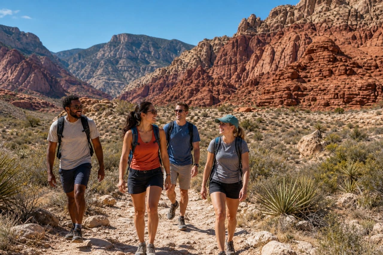 Friends exploring the Red Rock Canyon scenic loop near Las Vegas with red sandstone cliffs in the background