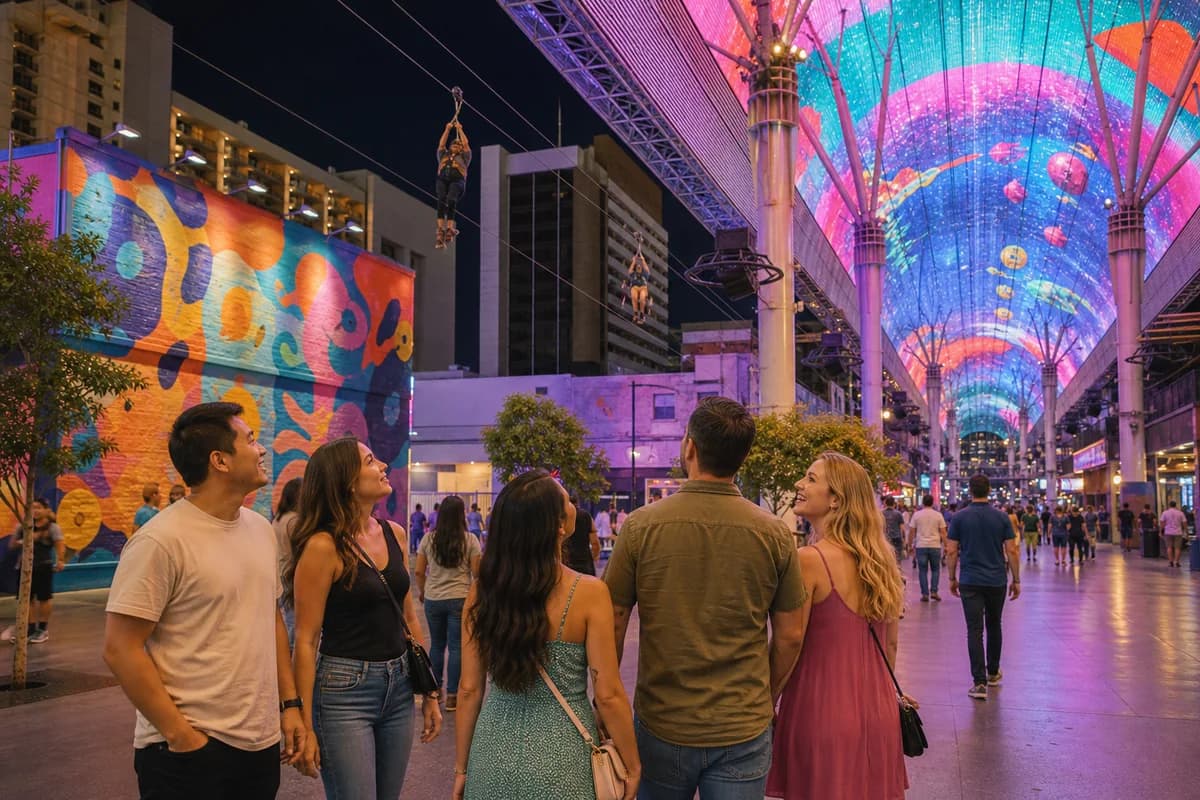 Group of travelers exploring downtown Las Vegas highlights from the Fremont Street canopy to the Arts District and the SlotZilla zip line