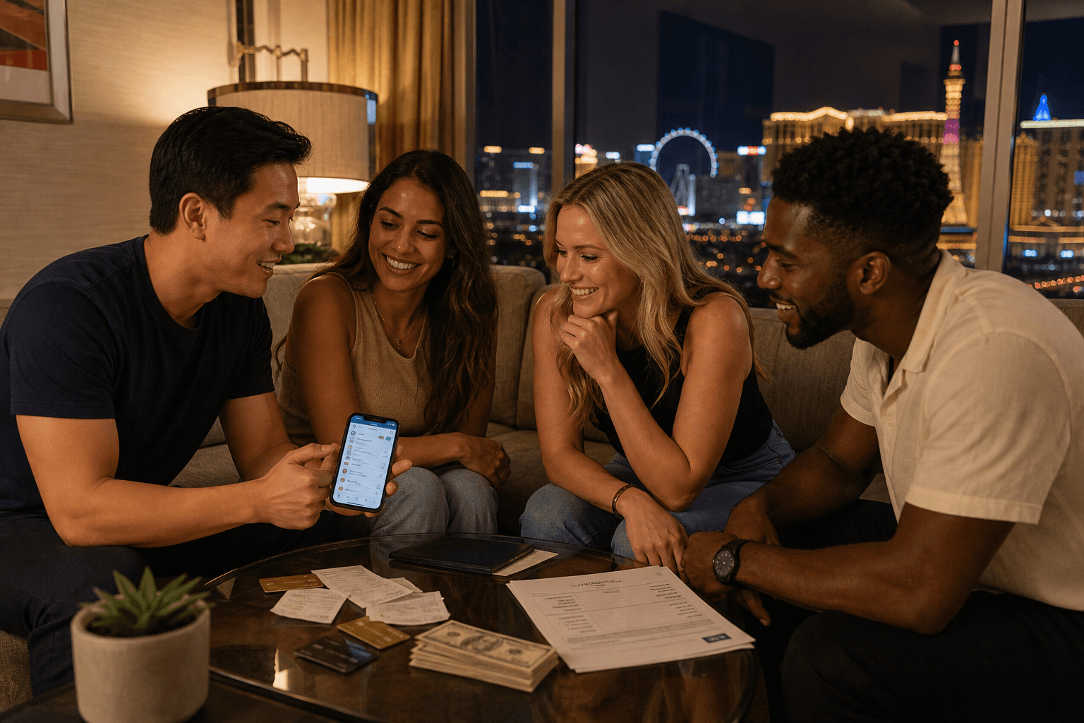 Friends in a Las Vegas hotel suite reviewing shared trip expenses, receipts, and an expense-splitting app