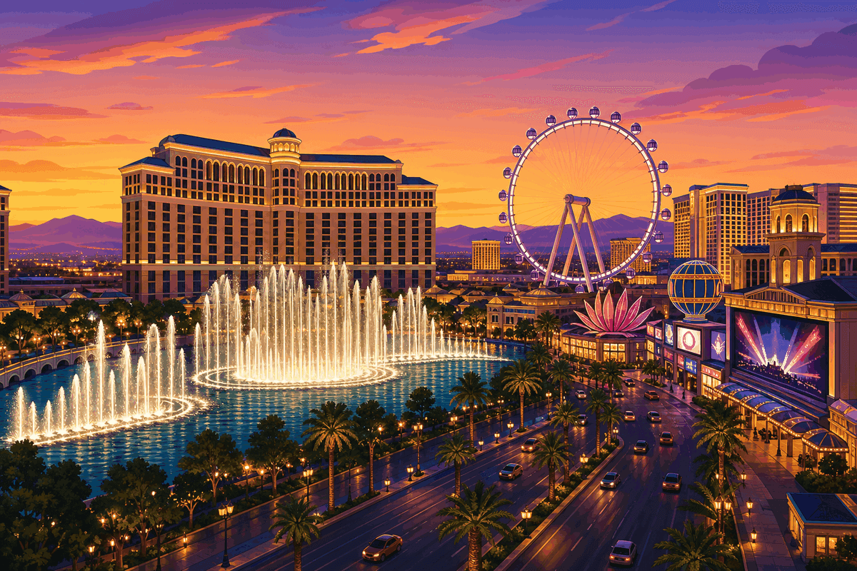 Day 1 Las Vegas group itinerary map featuring the mid-Strip resorts, the Bellagio fountains, the High Roller, and a Cirque du Soleil show