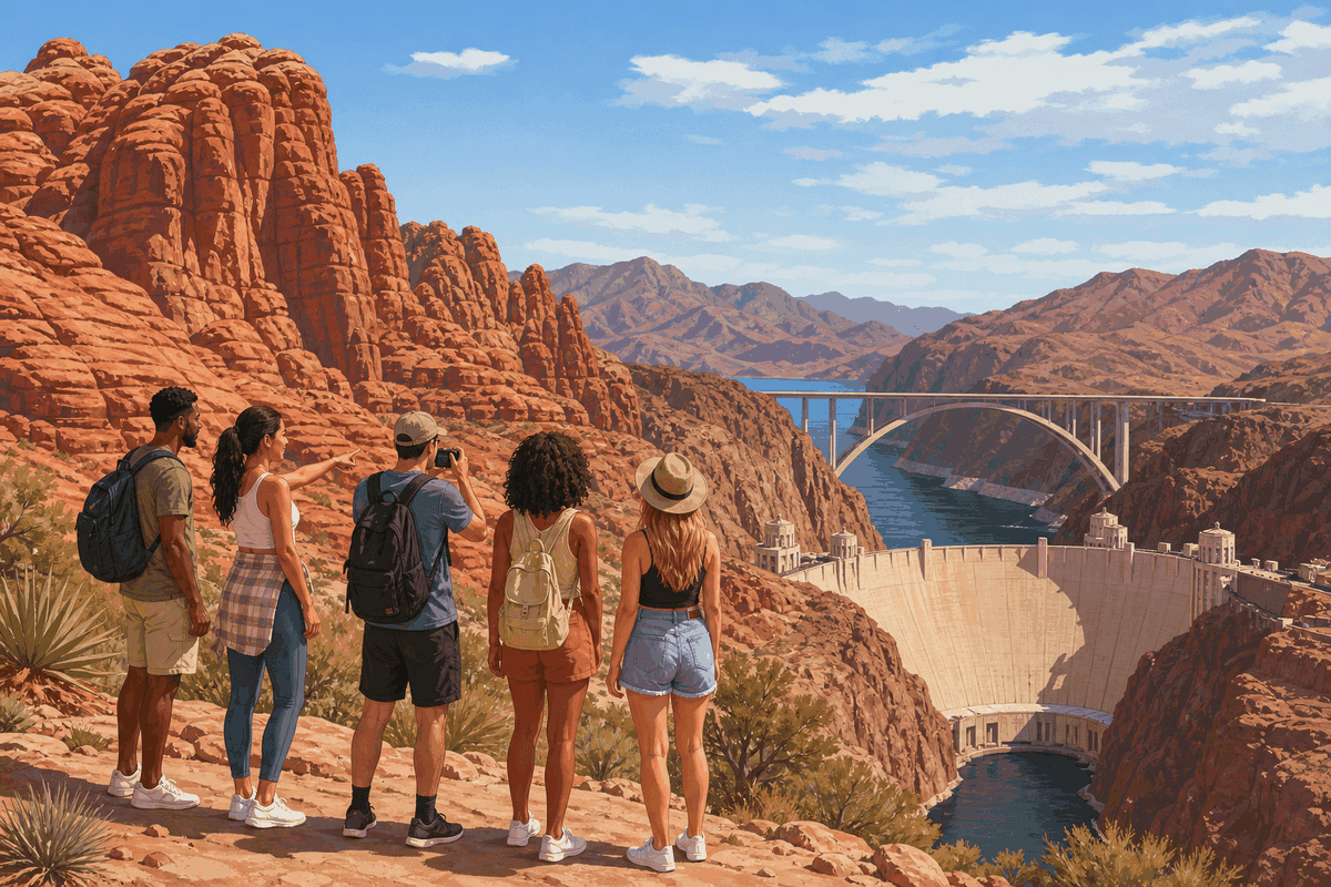 Scene-based illustration of a group on a day trip from Las Vegas to Red Rock Canyon and Hoover Dam with the desert landscape and Colorado River bridge in the background