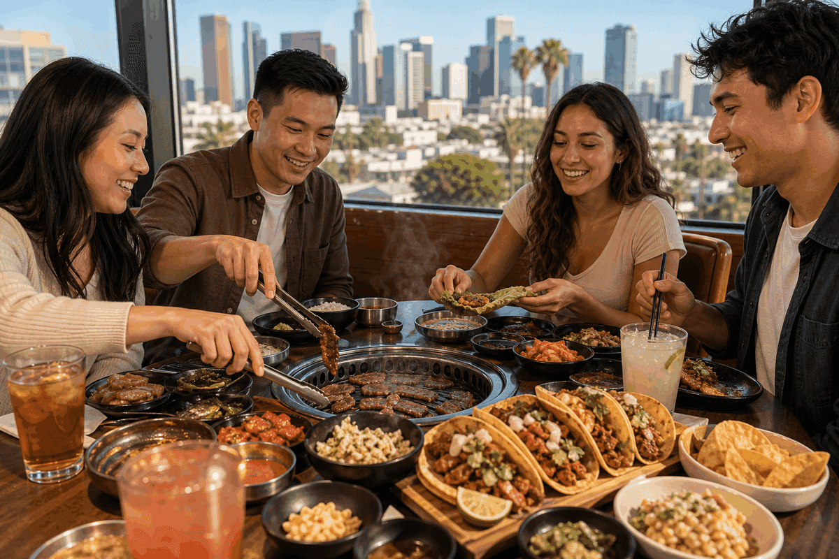 Table with tacos, Korean BBQ, and shared plates overlooking the Los Angeles skyline, capturing a group dining experience
