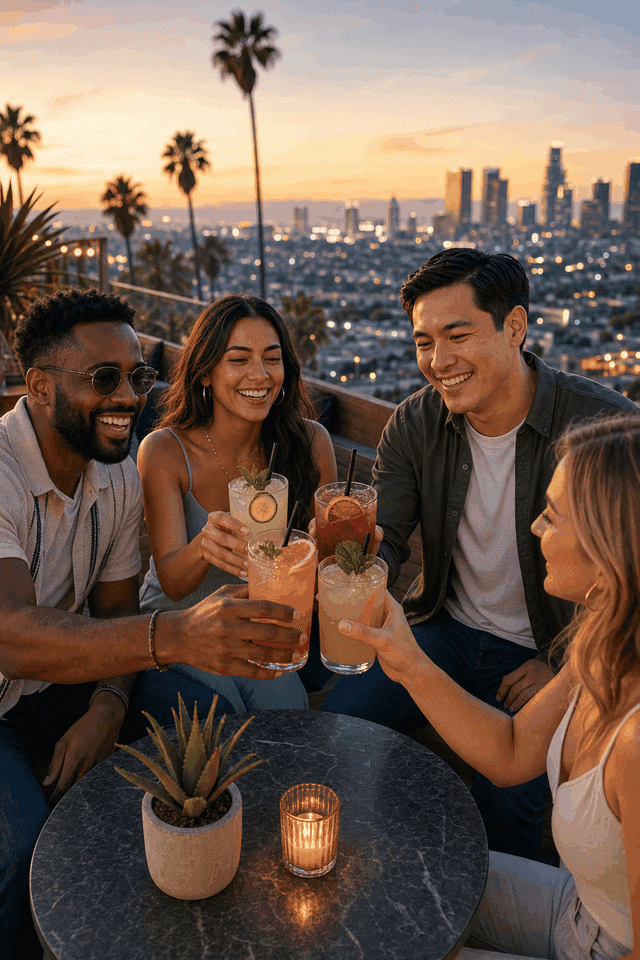 Group enjoying mocktails and drinks at a Los Angeles rooftop bar