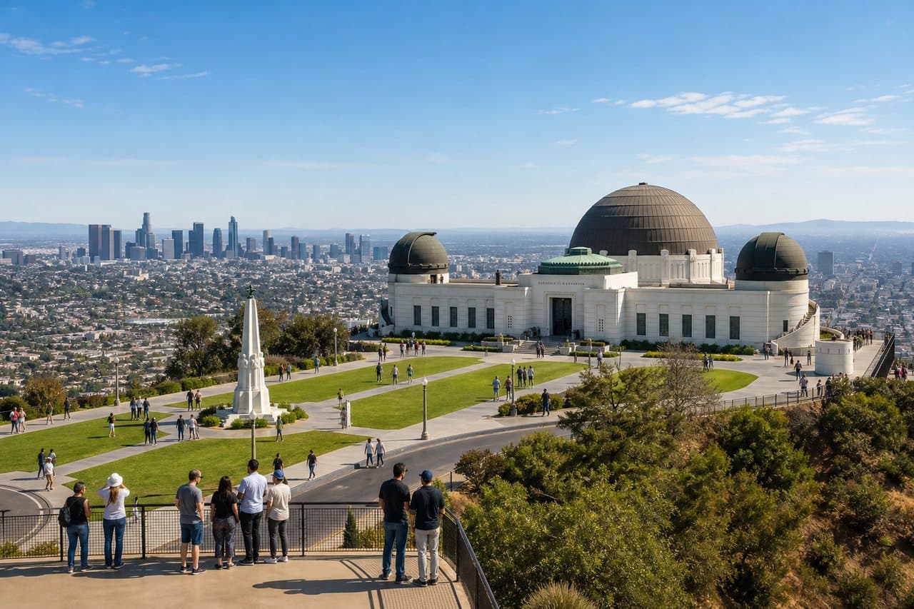 Route map of Los Angeles attractions for group travelers, including Hollywood, Griffith Observatory, and Santa Monica.