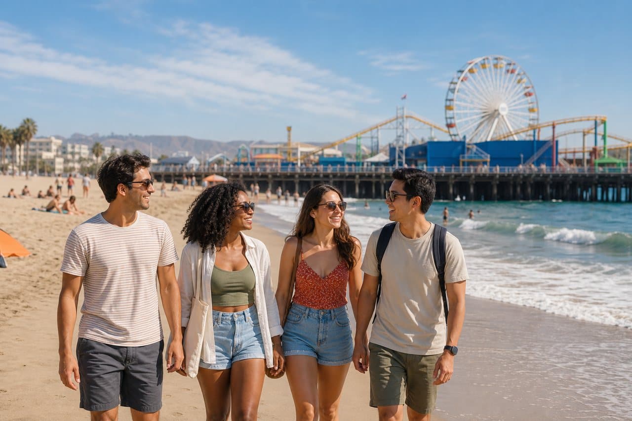 Friends enjoying the Santa Monica beach waterfront with the pier in the background