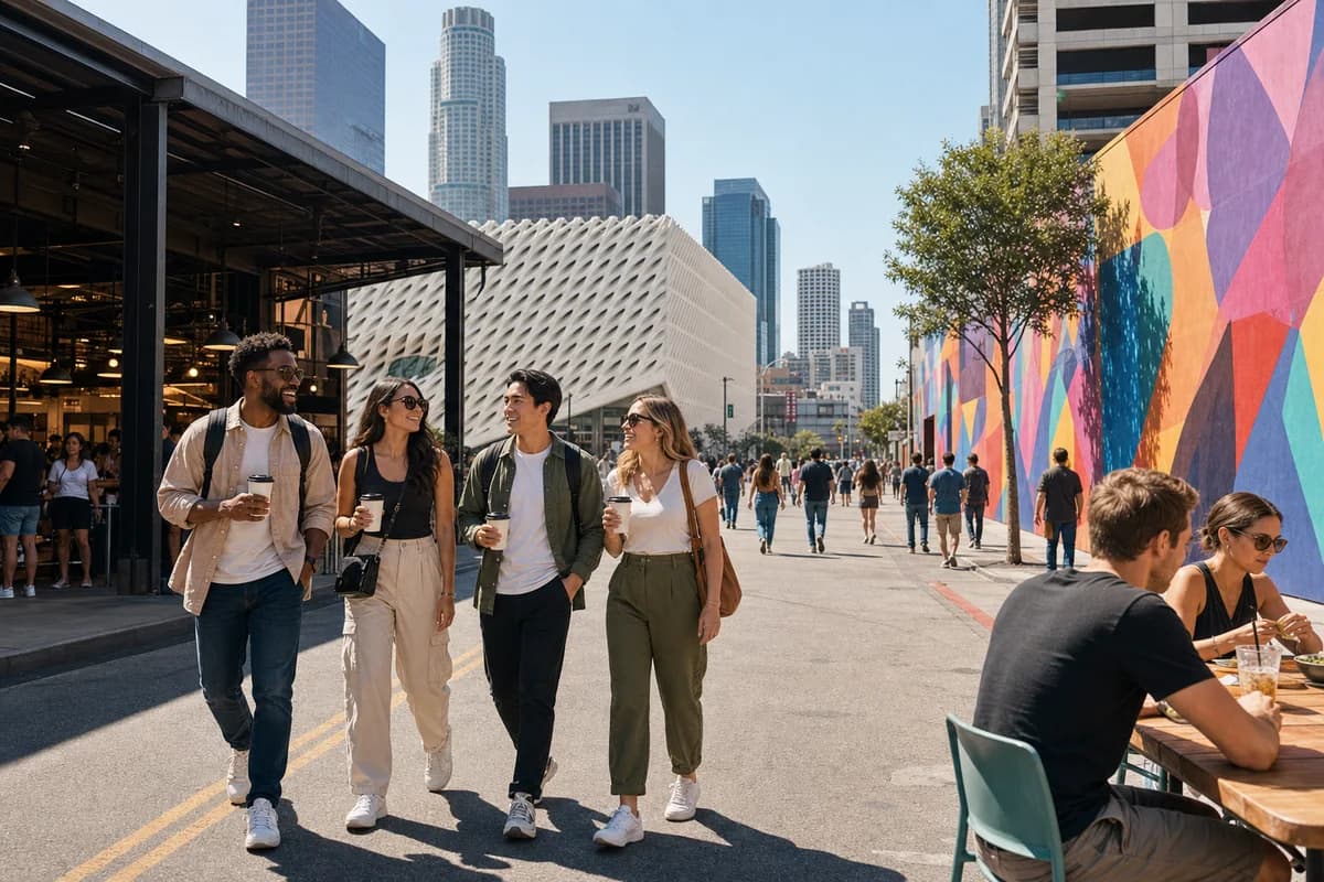 Group of travelers exploring Downtown LA highlights from Grand Central Market to The Broad and the Arts District