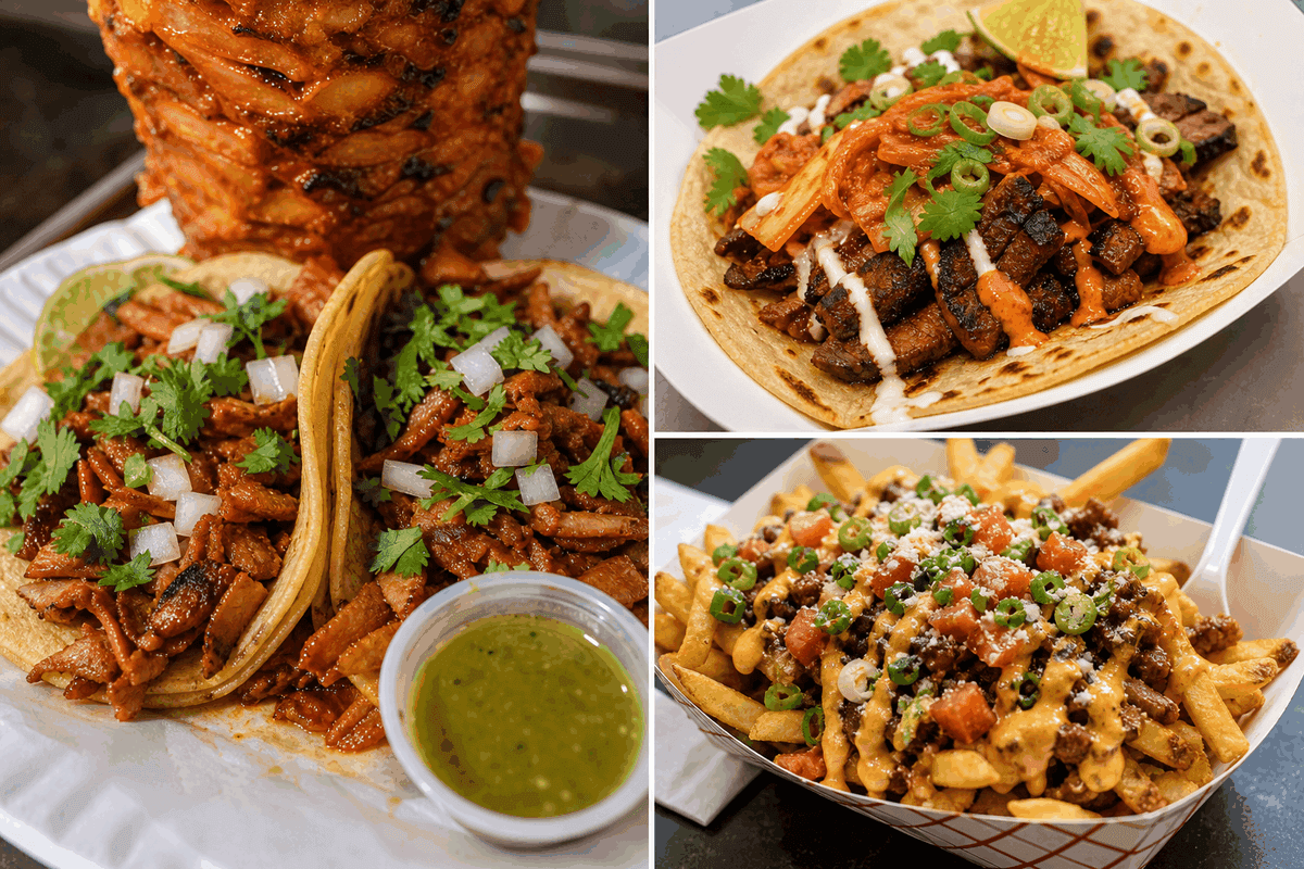 Collage of Los Angeles food trucks and street food including tacos, Korean-Mexican fusion, and loaded fries from iconic LA spots
