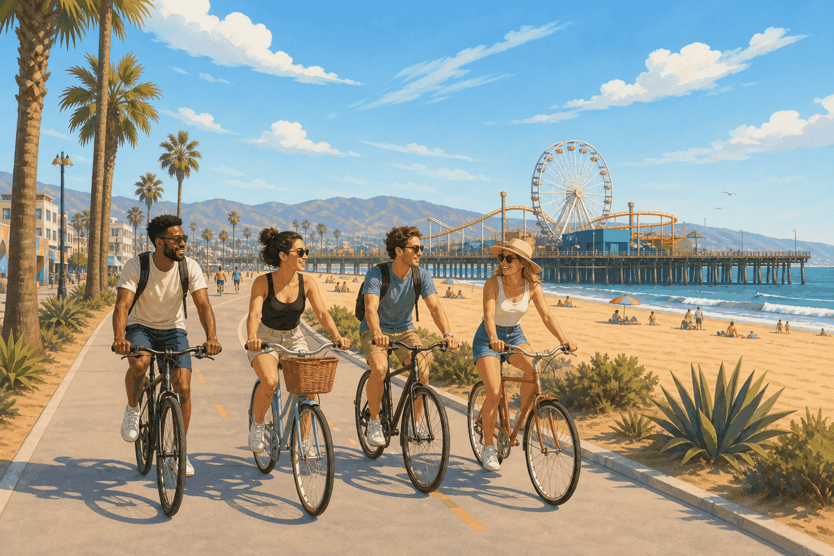 Scene-based illustration of a group cycling the Santa Monica to Venice Beach coastal path with the pier and boardwalk in the background