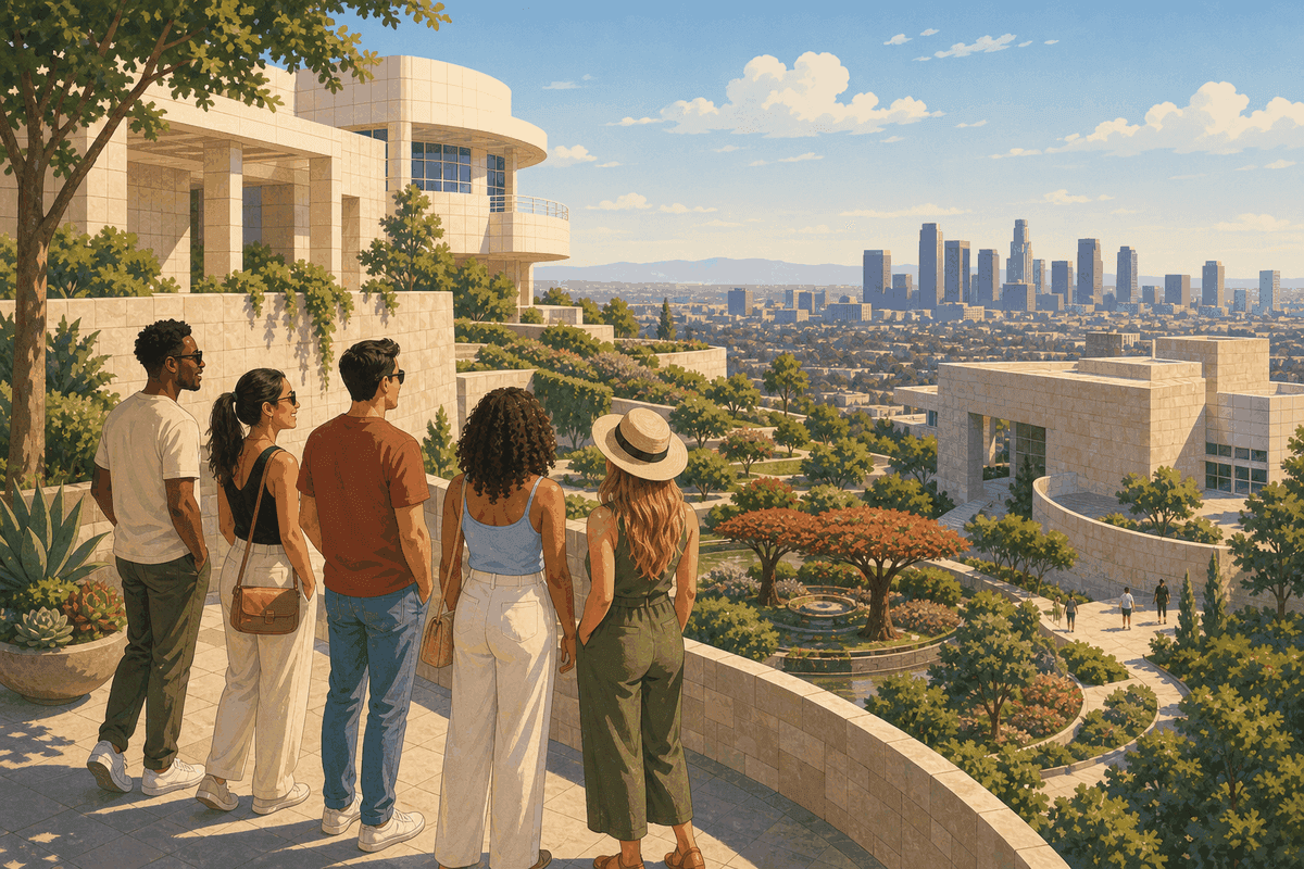 Scene-based illustration of Day 3 LA group itinerary with friends at the Getty Center terrace and the Downtown LA skyline