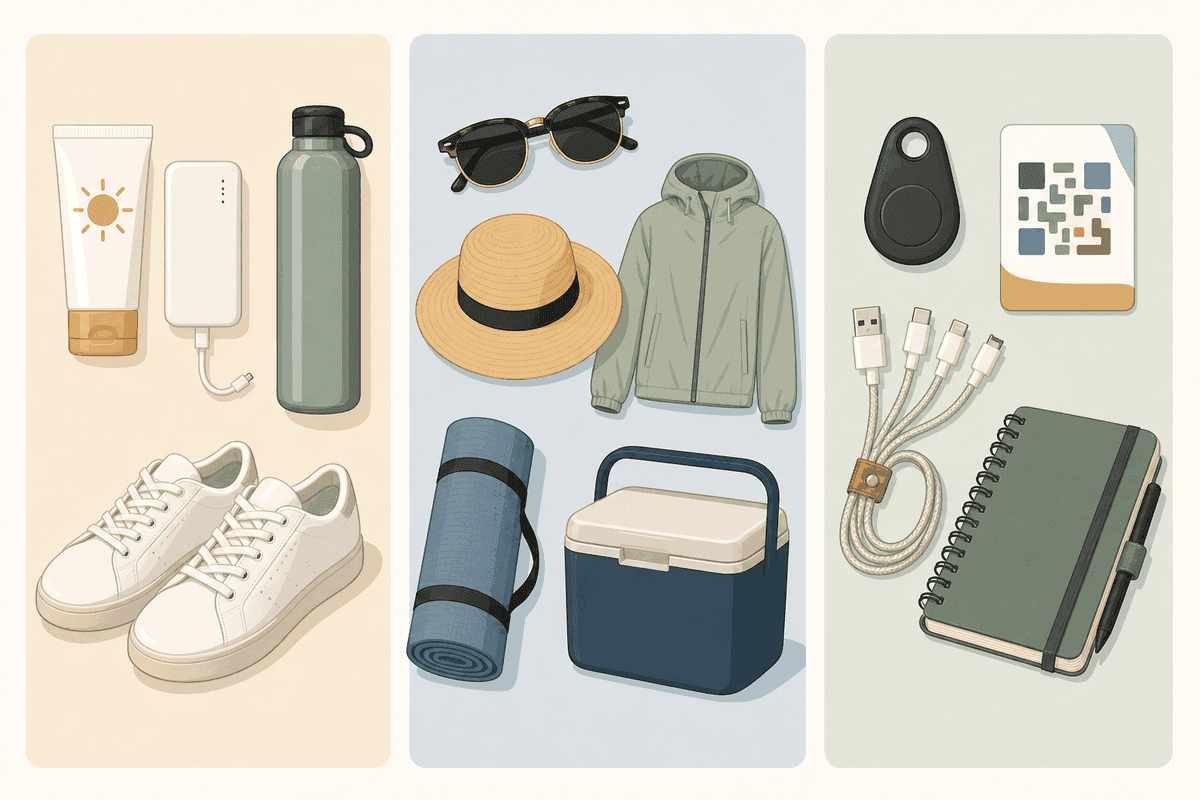 Three-part illustration showing LA group travel packing tips: essentials like sunscreen and charger, comfort items like sunglasses and layers, and smart gear like trackers, journal, and navigation tools.