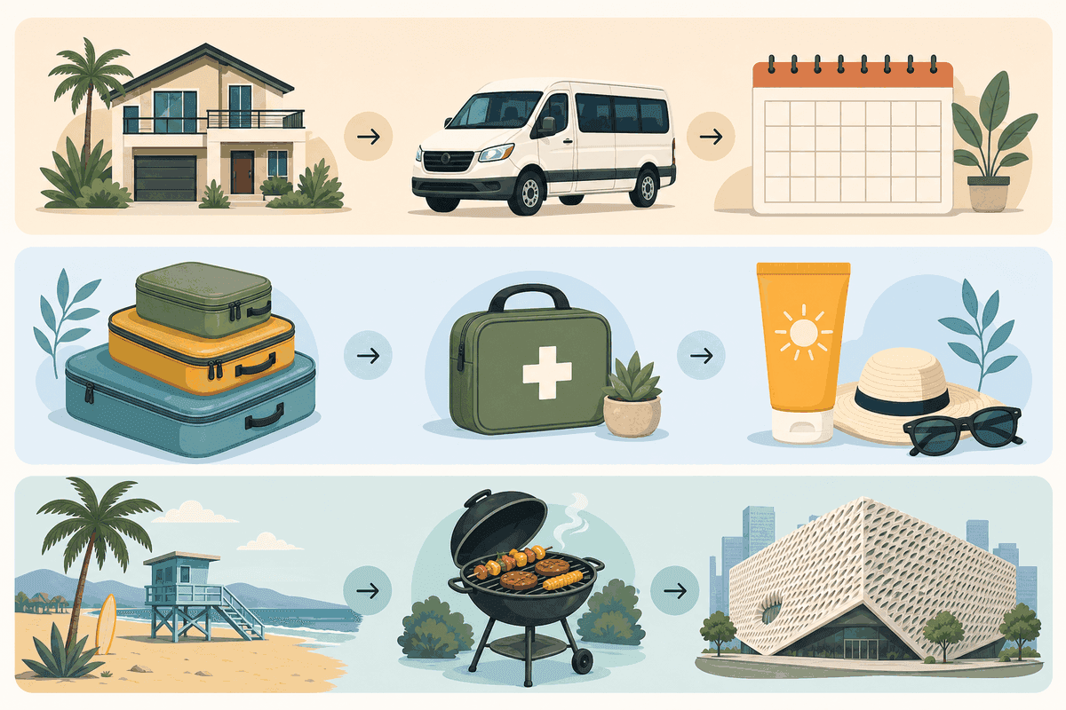 Infographic showing LA group travel essentials across planning, packing, and enjoyment tiers with neutral background