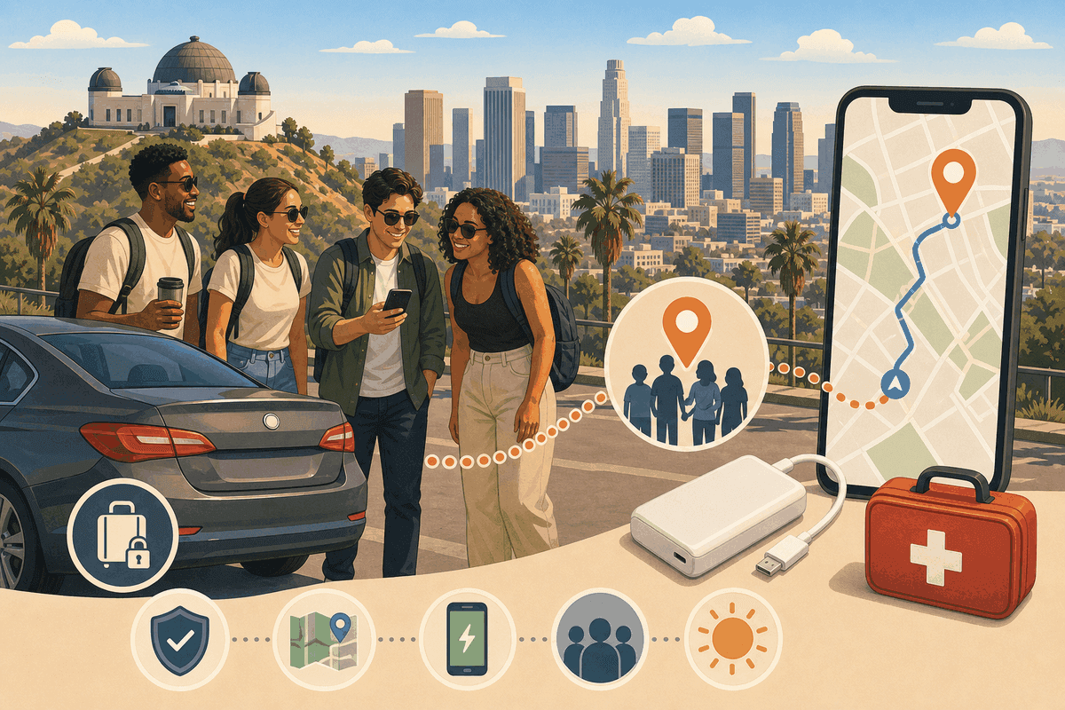 Illustration of LA group travel safety essentials including emergency preparedness, navigation apps, and coordination tools for a car-dependent city.