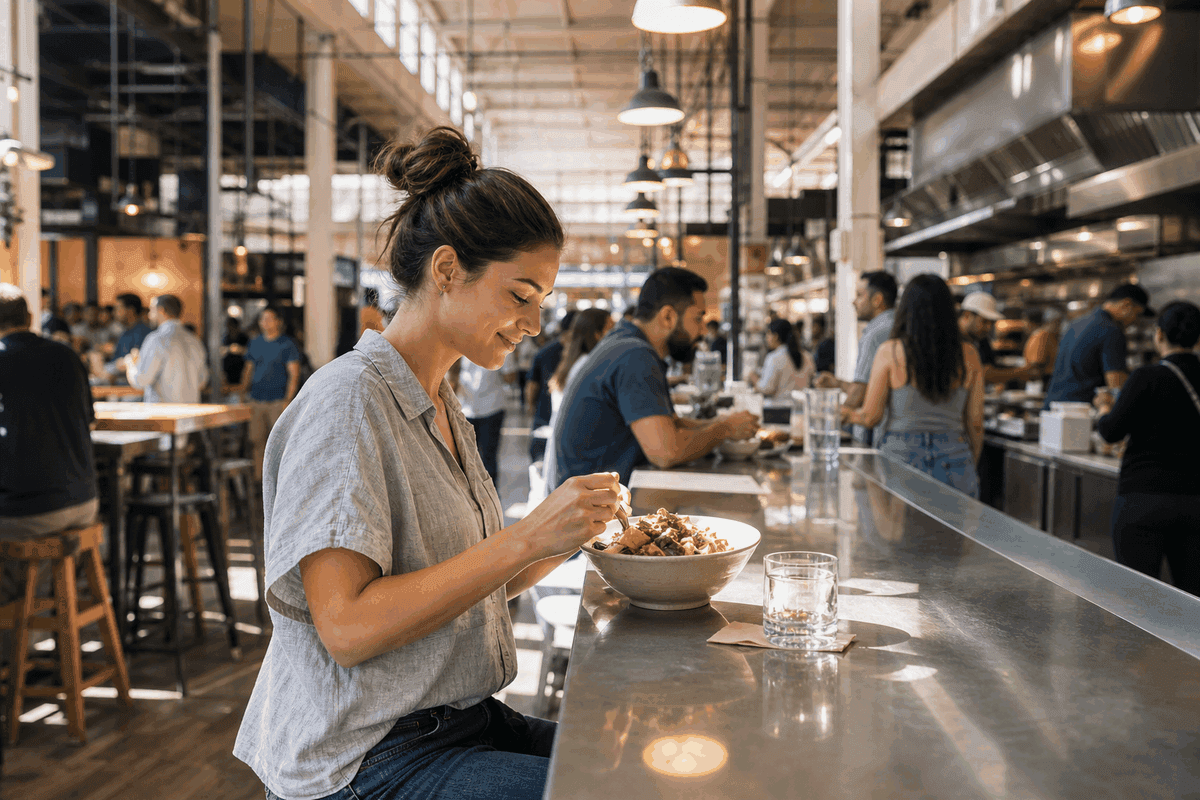Solo traveler enjoying market-hall dishes at a shared counter inside a sunlit Los Angeles food hall, evoking the casual vibe of Grand Central Market and the Hollywood Farmers Market.