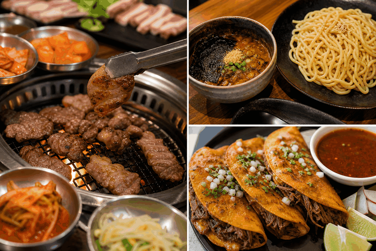 Collage of Los Angeles favorites including Korean BBQ, tsukemen ramen, and birria tacos from Koreatown and Sawtelle Japantown, highlighting solo dining culture.