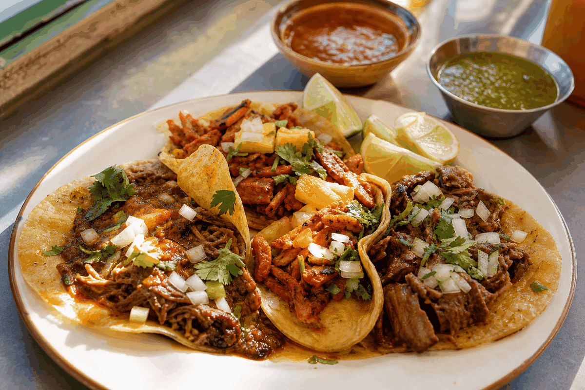 Plate of birria, al pastor, and braised tacos with salsa and lime on a sunny LA day, capturing a solo traveler's casual taco-counter dining experience