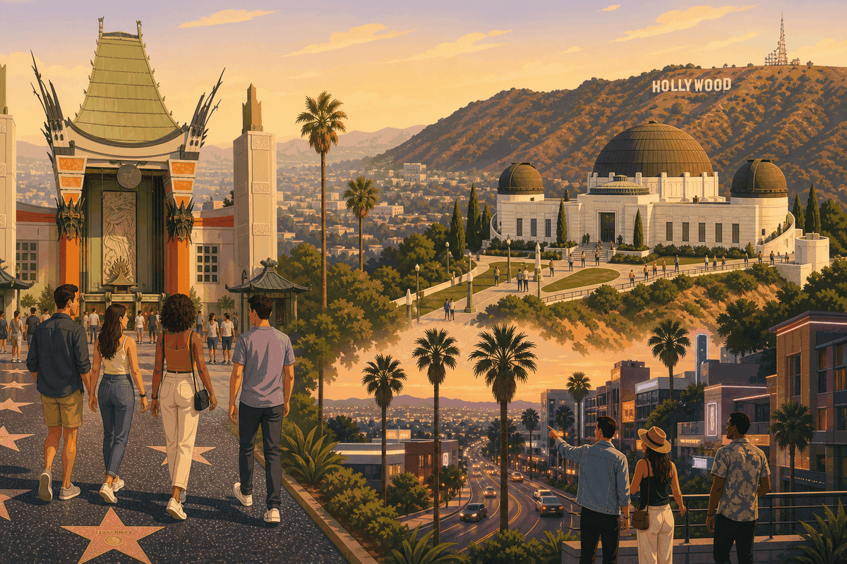 Day 1 LA group itinerary map featuring the Hollywood Walk of Fame, Griffith Observatory, Los Feliz, and the Sunset Strip