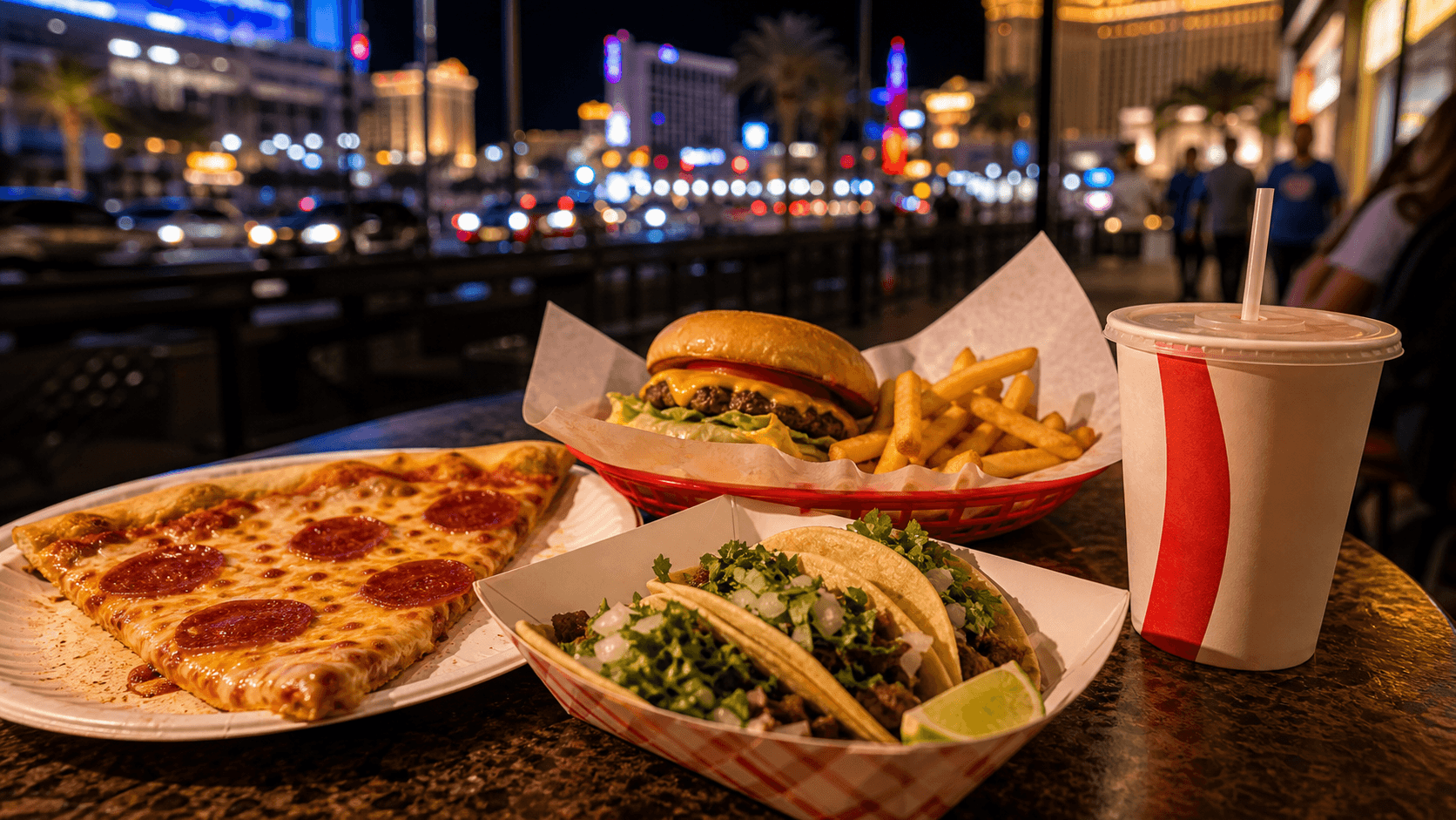 Late-night Las Vegas cheap eats with pizza, tacos, burger, fries, and soda