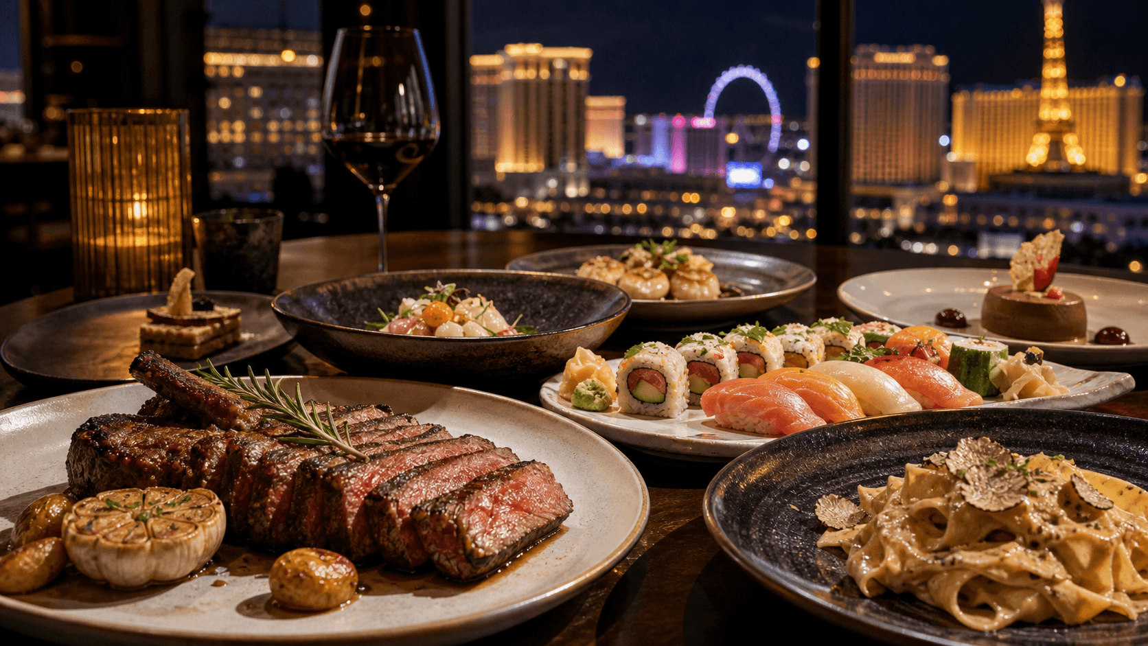 Fine dining table in Las Vegas with steak, sushi, pasta, and Strip views