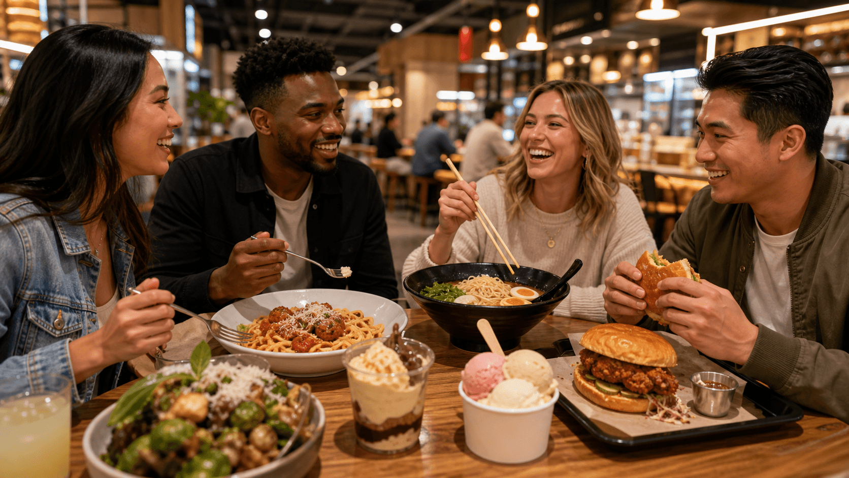 Modern Las Vegas food hall table with ramen, pasta, sandwich, dessert, and gelato