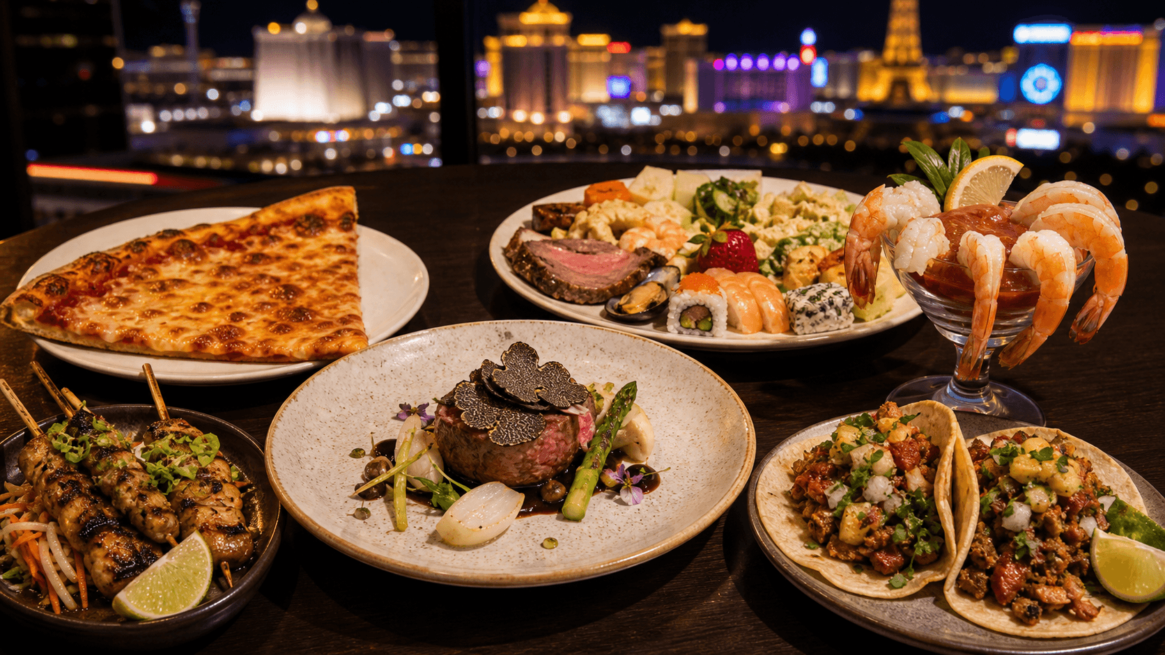 Las Vegas must-eat dishes including pizza, buffet plates, fine dining, tacos, shrimp cocktail, and Asian skewers