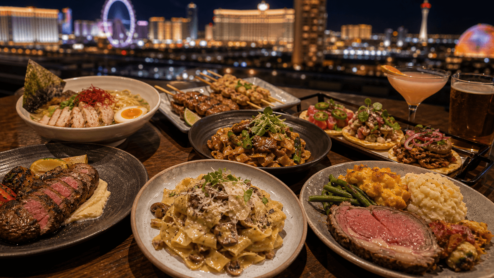 Las Vegas neighborhood food spread representing the Strip, Chinatown, Arts District, Downtown, and off-Strip casinos