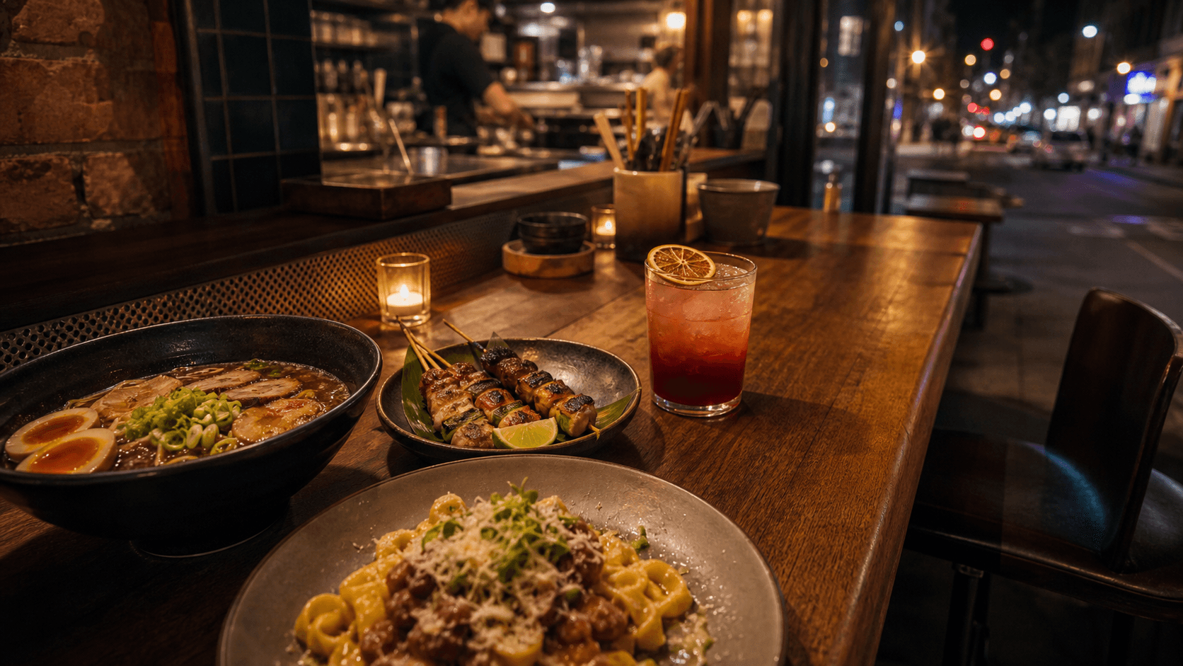 Off-Strip Las Vegas counter dining with ramen, skewers, pasta, and a craft drink