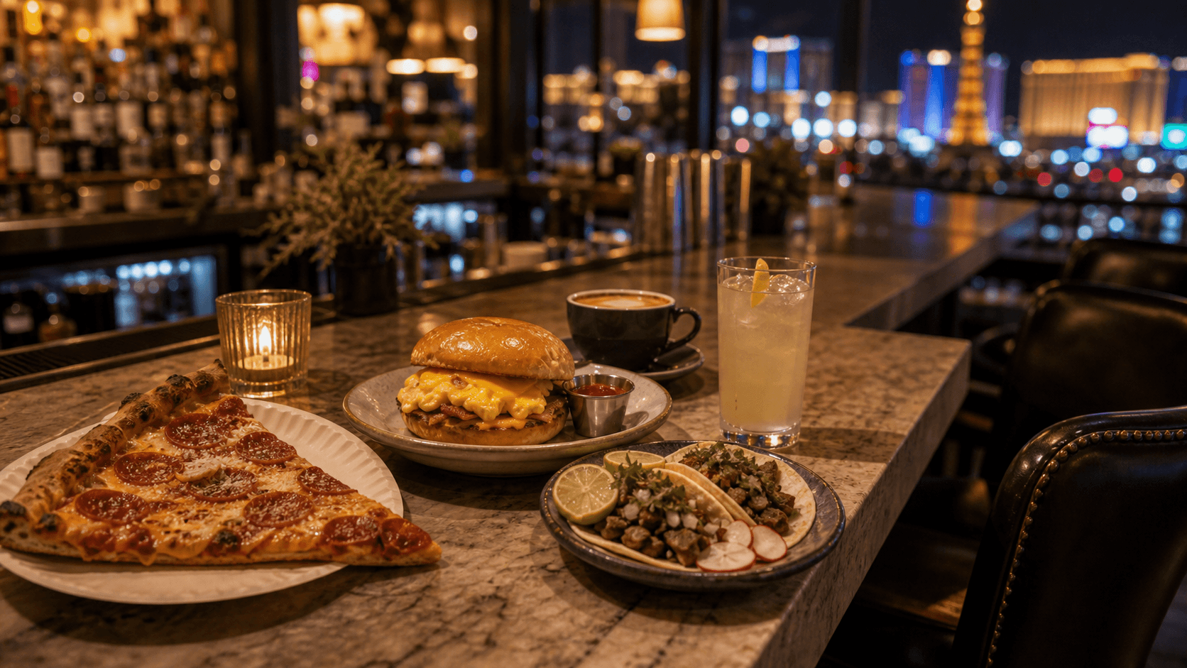 Solo Las Vegas counter dining with pizza, tacos, breakfast sandwich, and a quiet bar seat