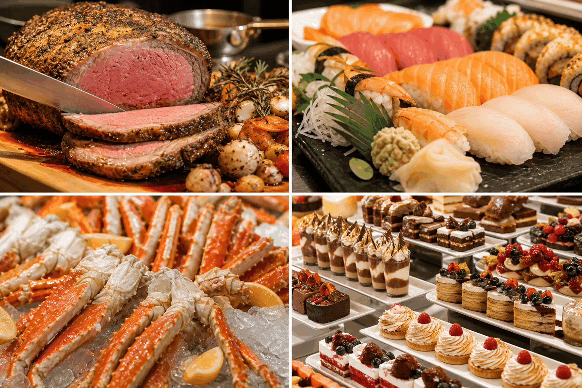 Buffet spread with prime rib, sushi, crab legs, and desserts in Las Vegas