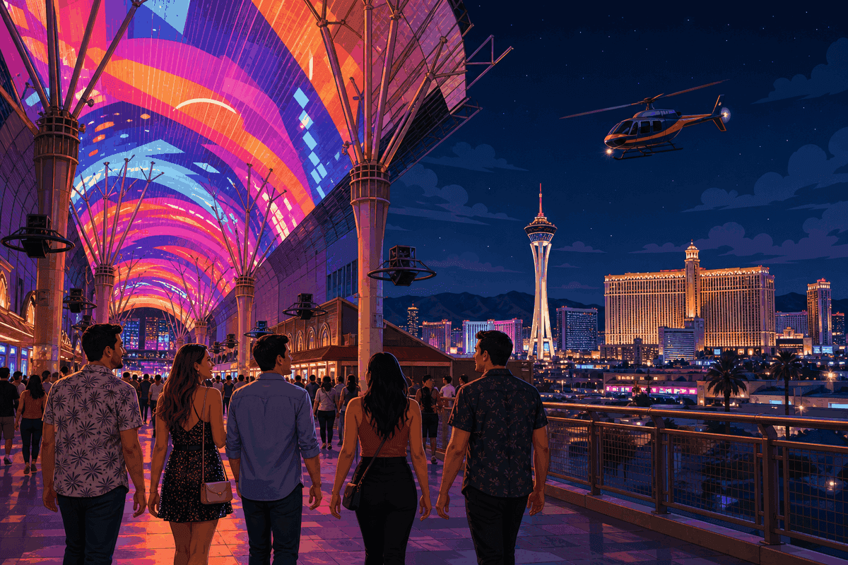 Scene-based illustration of Day 3 Las Vegas group itinerary with friends under the Fremont Street canopy downtown and a helicopter tour over the Strip