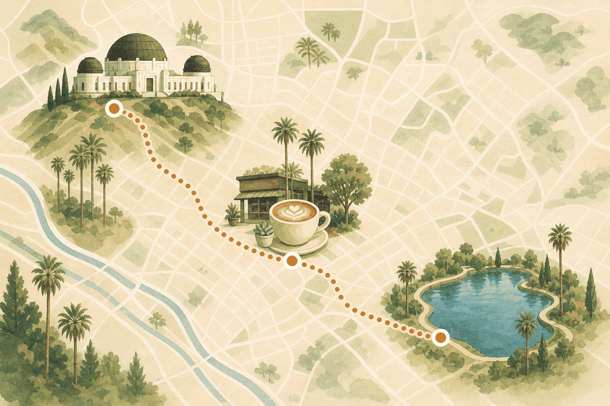 Map of solo travel route through Griffith Observatory, Los Feliz, and Silver Lake in LA
