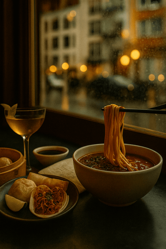 Table with pizza, pasta, taco, and soda overlooking the Empire State Building in New York City, capturing a solo traveler’s cozy dining experience