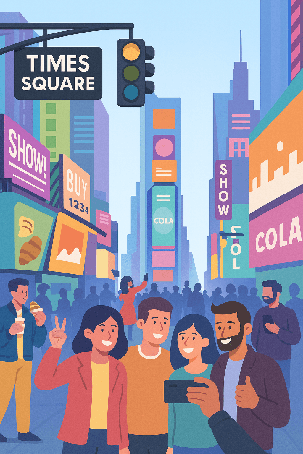 Day 1 NYC group itinerary map featuring Times Square, Top of the Rock, Chelsea Market, High Line, Hell’s Kitchen, and Broadway highlights