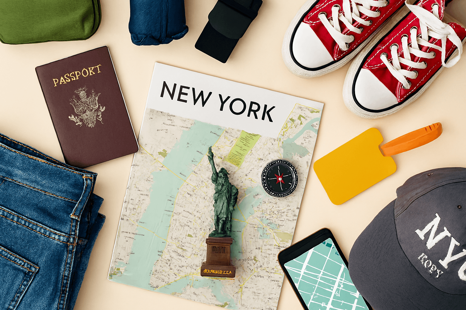 Flatlay of NYC group travel essentials including backpack, metro card, sneakers, and city map