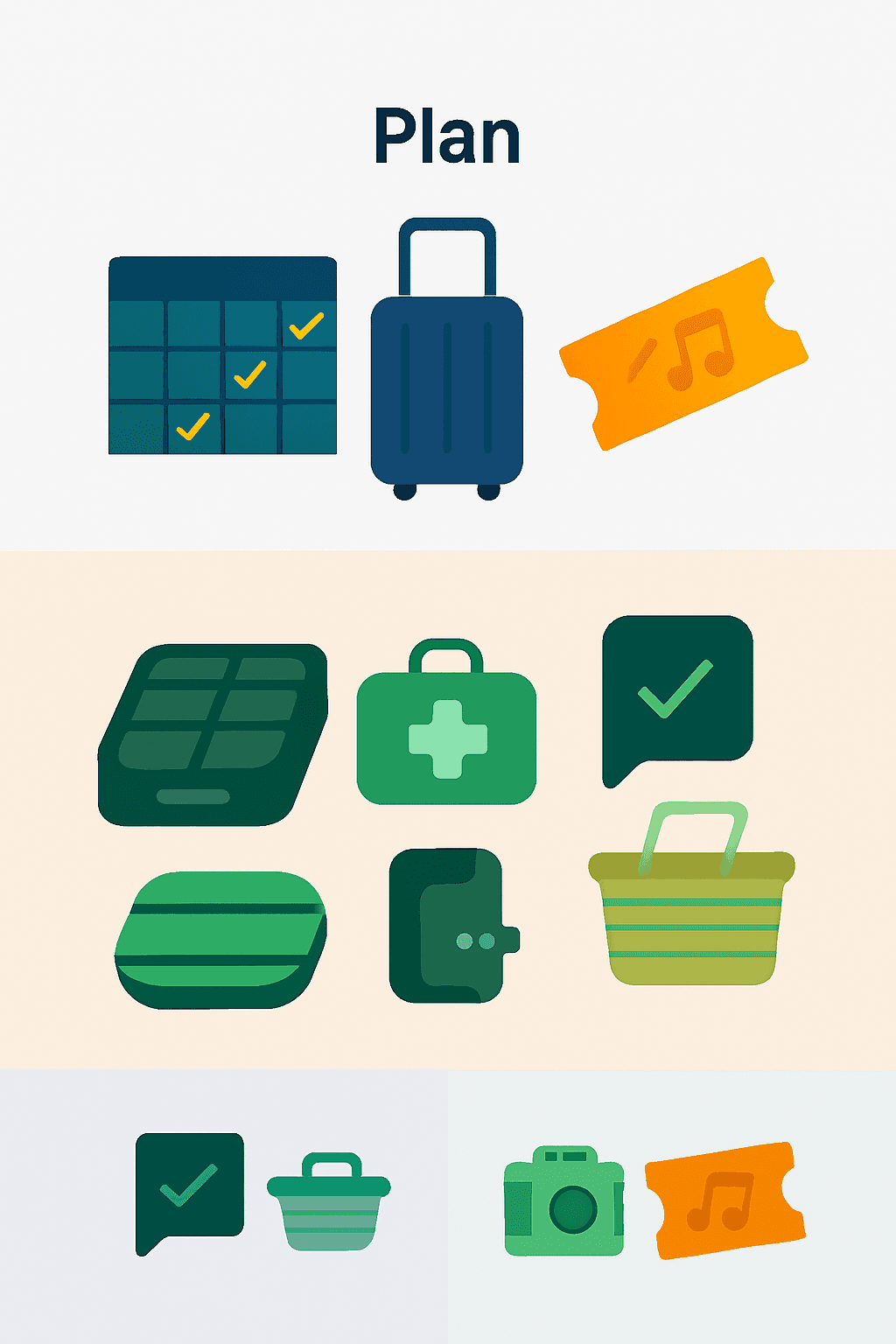 Infographic showing NYC group travel essentials across planning, packing, and enjoyment tiers with neutral background