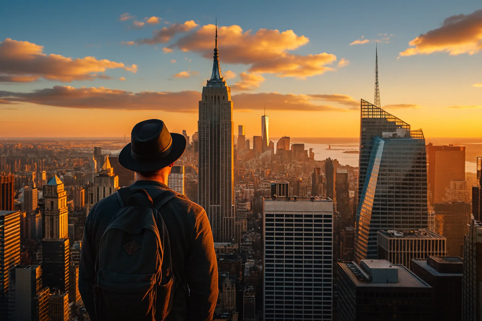 Solo traveler looking over the New York City skyline at sunset