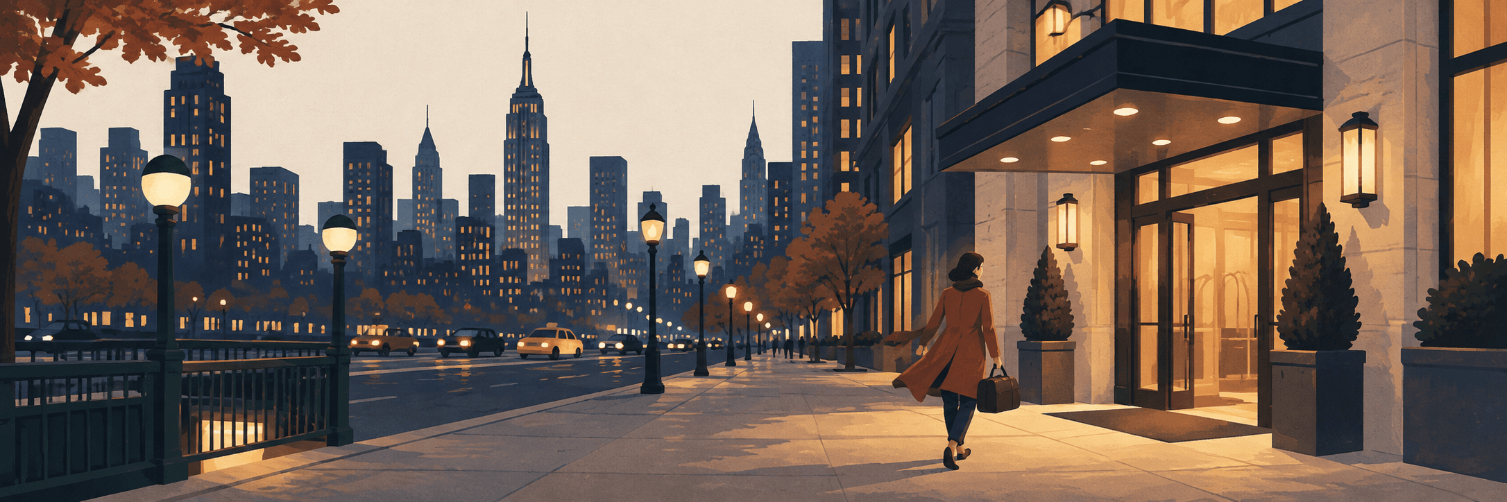 Illustration of a traveler approaching a warmly lit hotel entrance beside an evening city street.