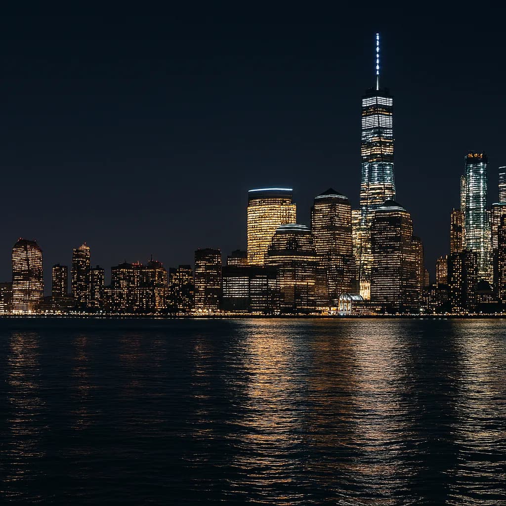 Lower Manhattan skyline lit at night across the water